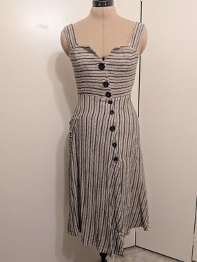 Eva Franco Black and Cream Striped Midi Dress